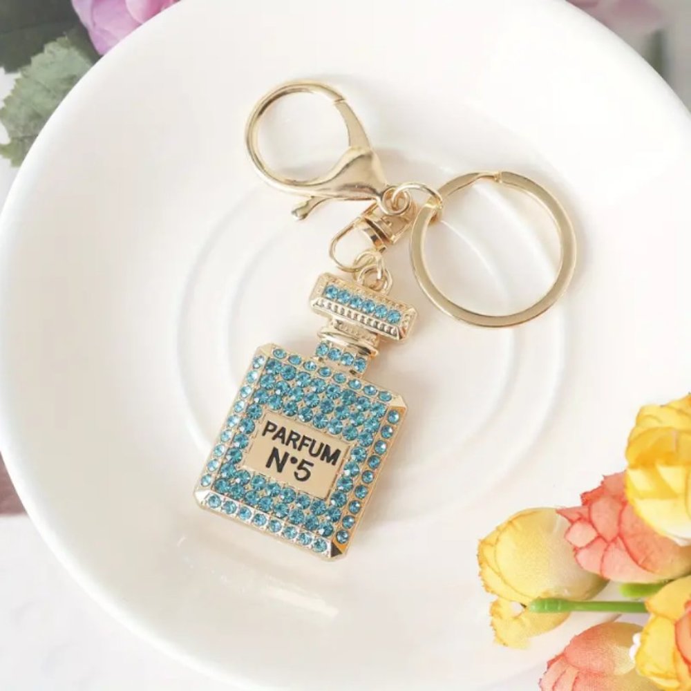 Blue Perfume Bottle Sparkling Rhinestone Cute Car Key Ring Purse Charm